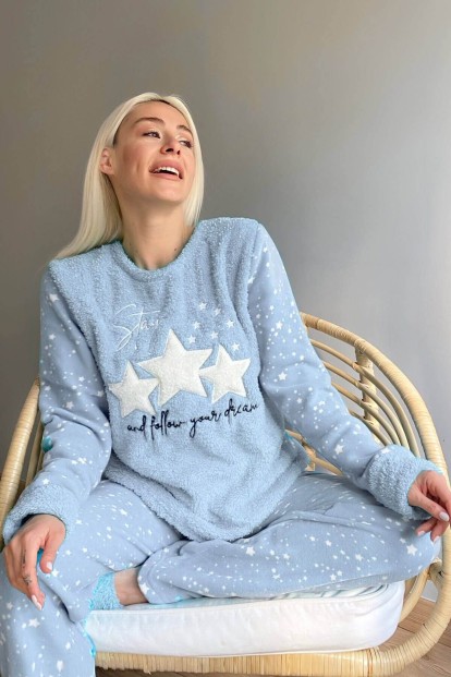 Mavi Feel Stars Queen Desenli Kadın Peluş Pijama Takımı - 2