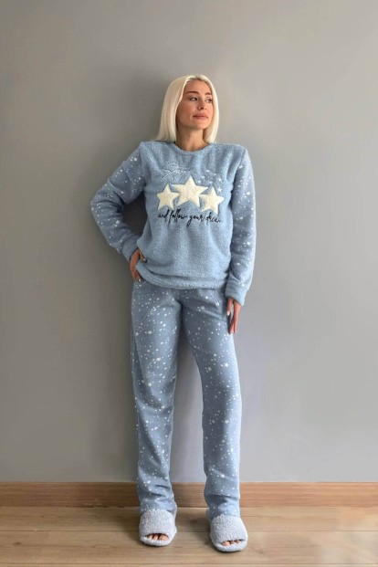 Mavi Feel Stars Queen Desenli Kadın Peluş Pijama Takımı - 3