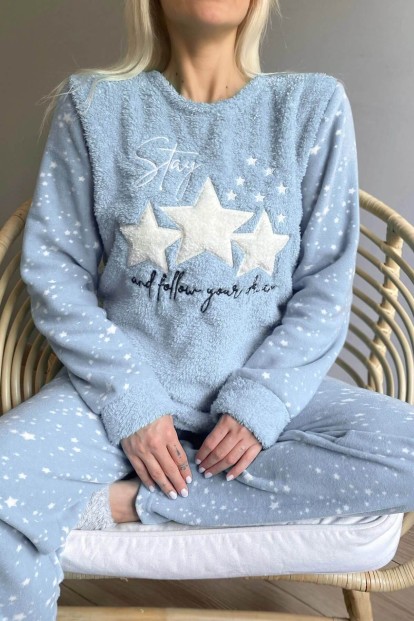 Mavi Feel Stars Queen Desenli Kadın Peluş Pijama Takımı - 4