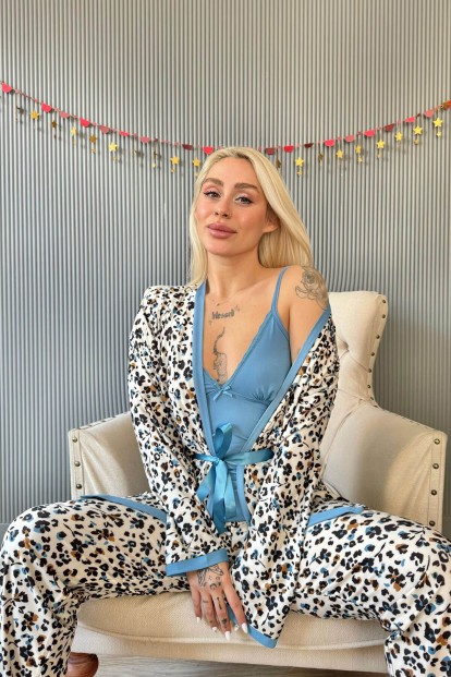 Mavi Flore Exclusive Örme Sabahlıklı Kadın Pijama Takımı - 4