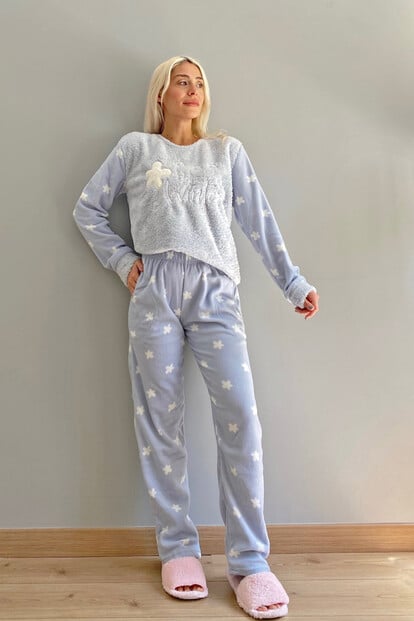 Mavi Hello Winter Desenli Kadın Peluş Pijama Takımı - 6