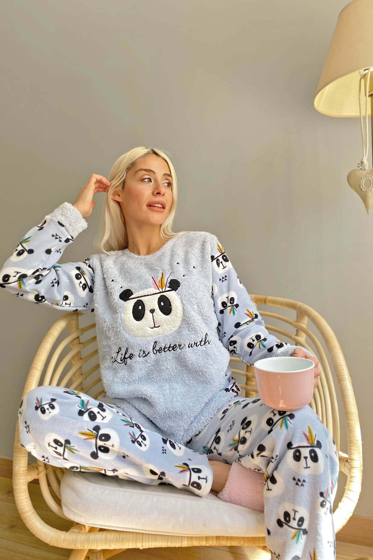 Mavi Life Panda Desenli Kadın Peluş Pijama Takımı - 2