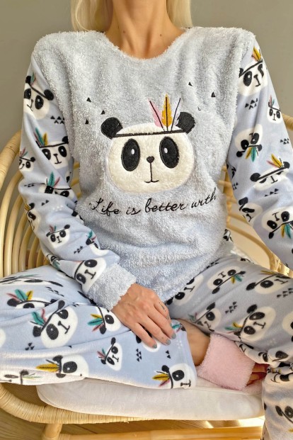Mavi Life Panda Desenli Kadın Peluş Pijama Takımı - 4