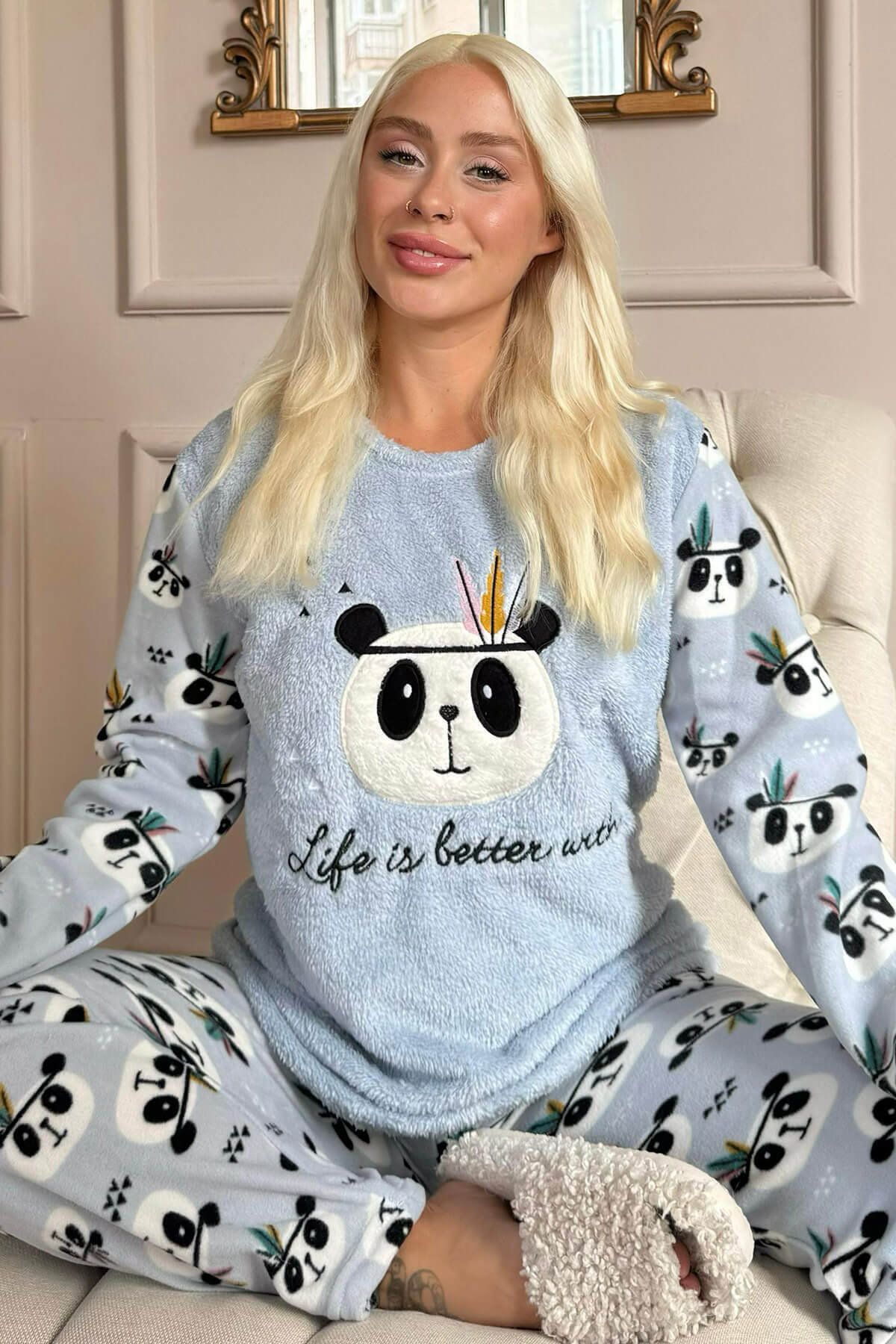 Mavi Life Panda Desenli Kadın Peluş Pijama Takımı - 1