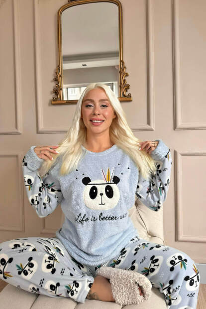 Mavi Life Panda Desenli Kadın Peluş Pijama Takımı - 2