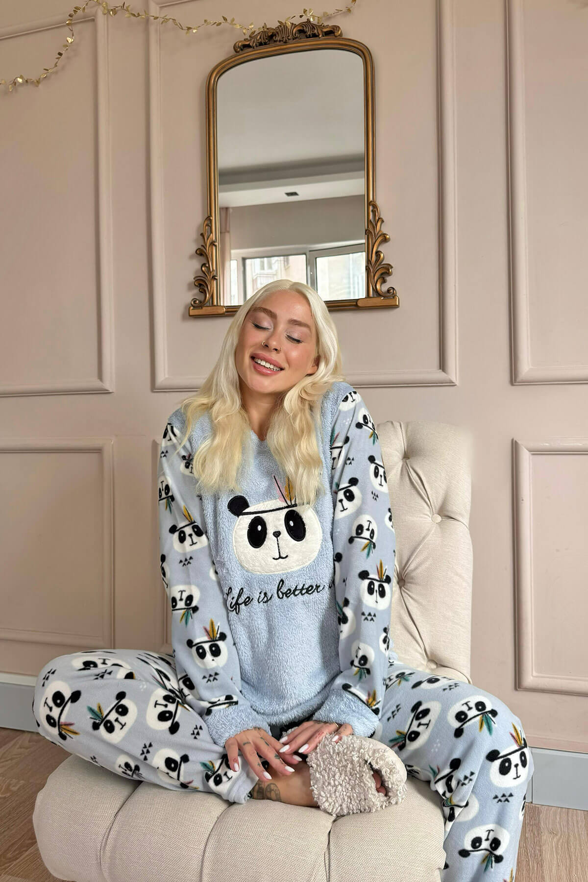 Mavi Life Panda Desenli Kadın Peluş Pijama Takımı - 4