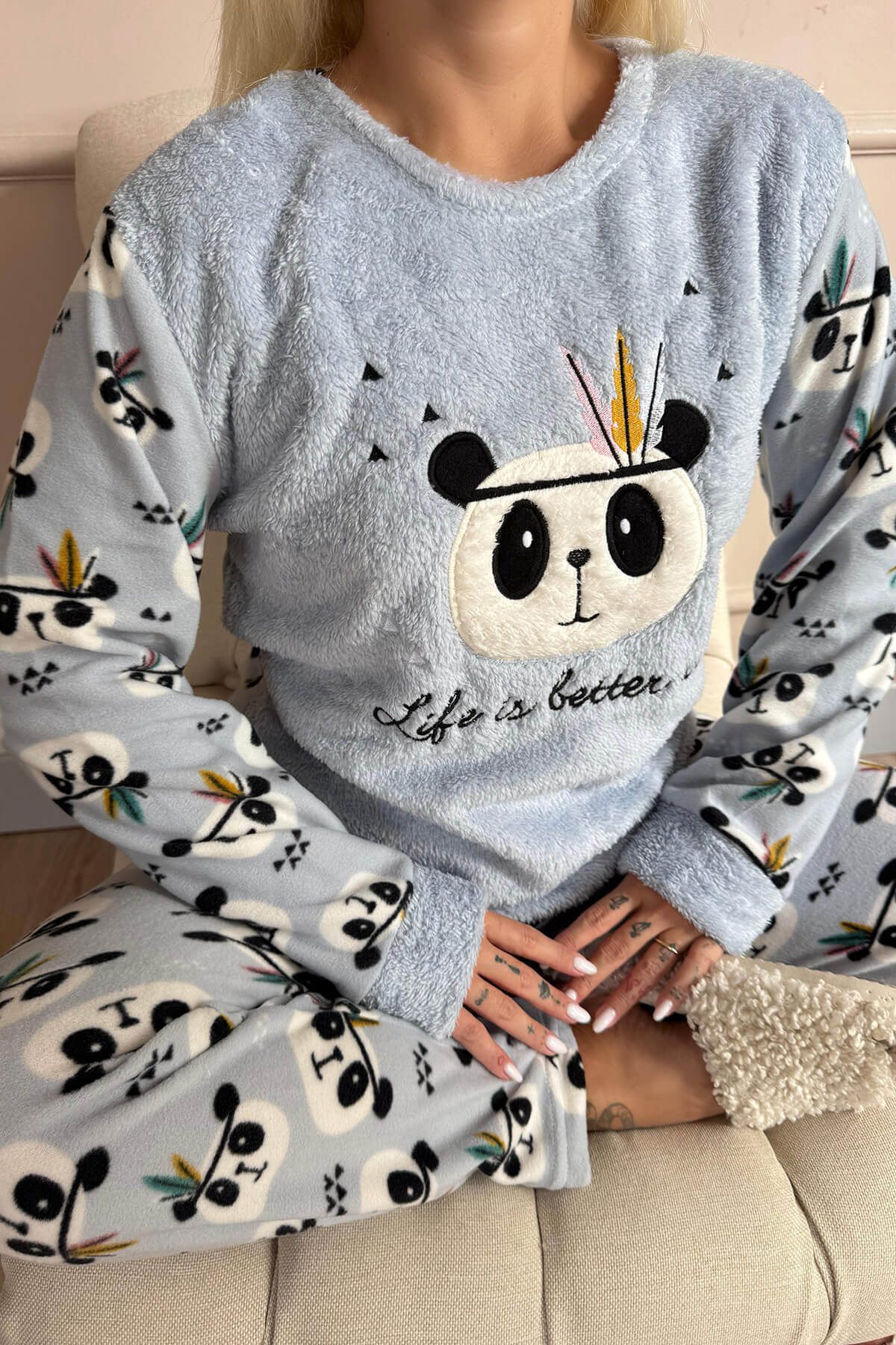 Mavi Life Panda Desenli Kadın Peluş Pijama Takımı - 5