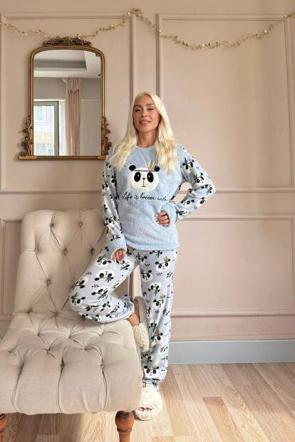 Mavi Life Panda Desenli Kadın Peluş Pijama Takımı - 6