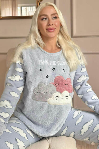 Mavi Moon Cloud Desenli Kadın Peluş Pijama Takımı 