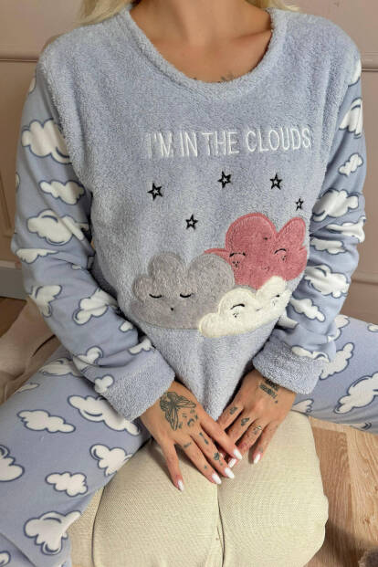 Mavi Moon Cloud Desenli Kadın Peluş Pijama Takımı - 5