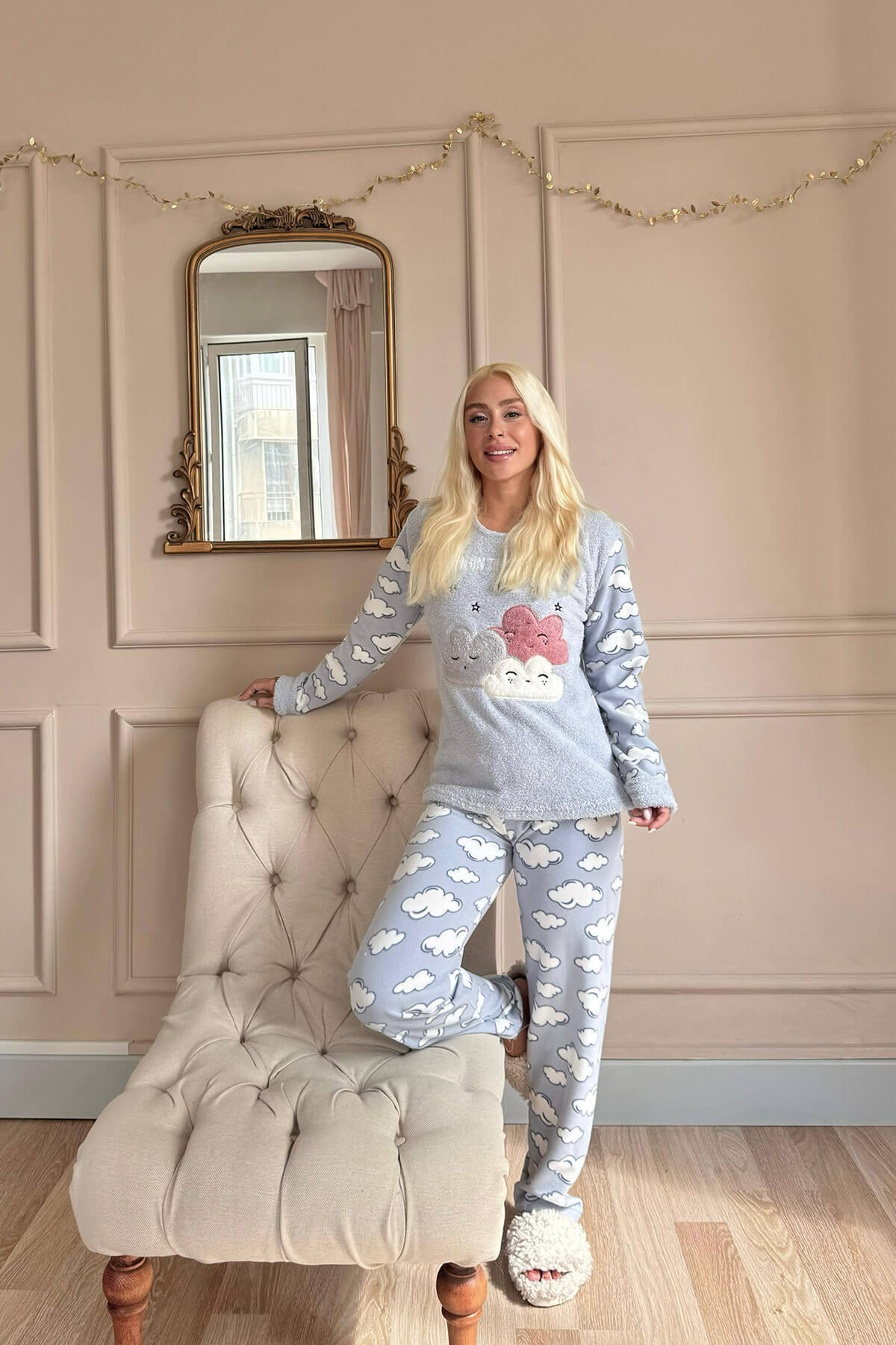 Mavi Moon Cloud Desenli Kadın Peluş Pijama Takımı - 6