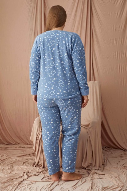 Mavi More Love Desenli Büyük Beden Battal Peluş Pijama Takımı - 3