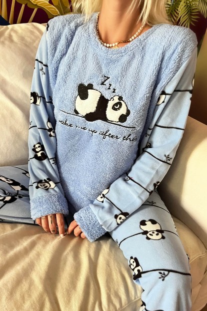 Mavi Zzz Wake Desenli Kadın Peluş Pijama Takımı - 4