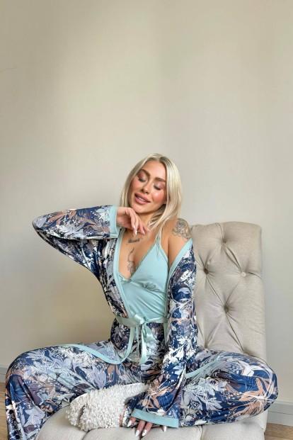 Mint Flore Exclusive Örme Sabahlıklı Kadın Pijama Takımı - 3