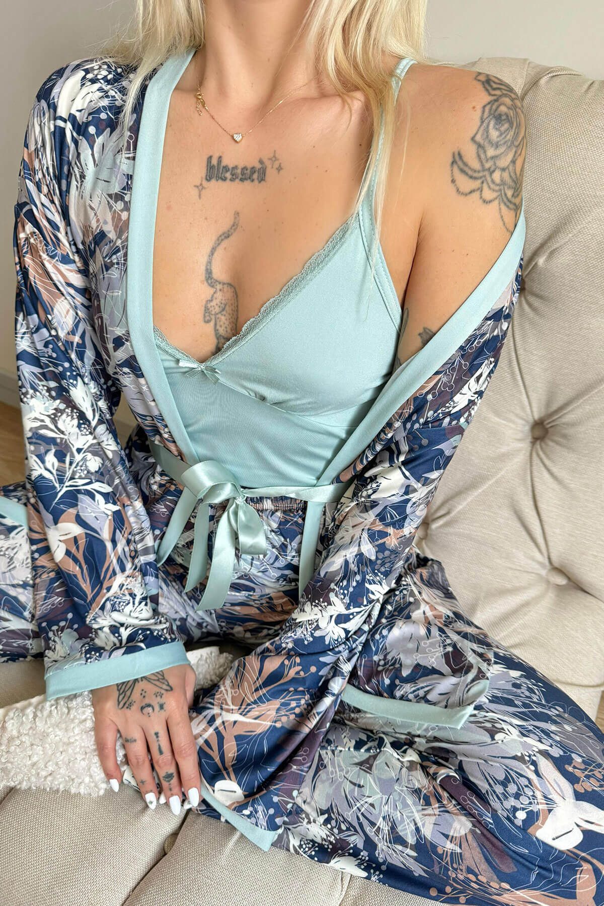 Mint Flore Exclusive Örme Sabahlıklı Kadın Pijama Takımı - 5