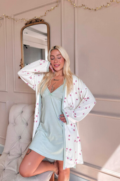 Mint Flowers Desenli Termal Gecelik Sabahlıklı Kadın Pijama Takımı - 4