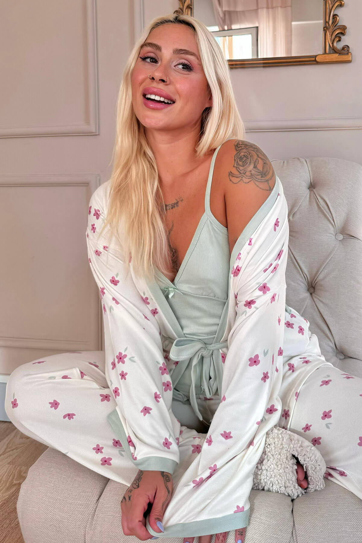 Mint Flowers Desenli Termal Sabahlıklı Kadın Pijama Takımı - 1