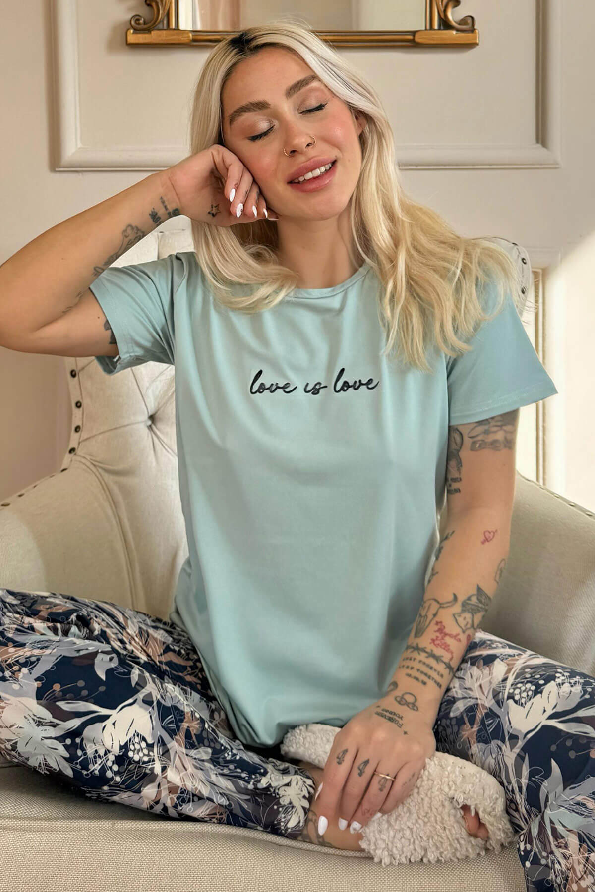 Mint Love is Love Desenli Kısa Kollu Örme Kadın Pijama Takımı - 1