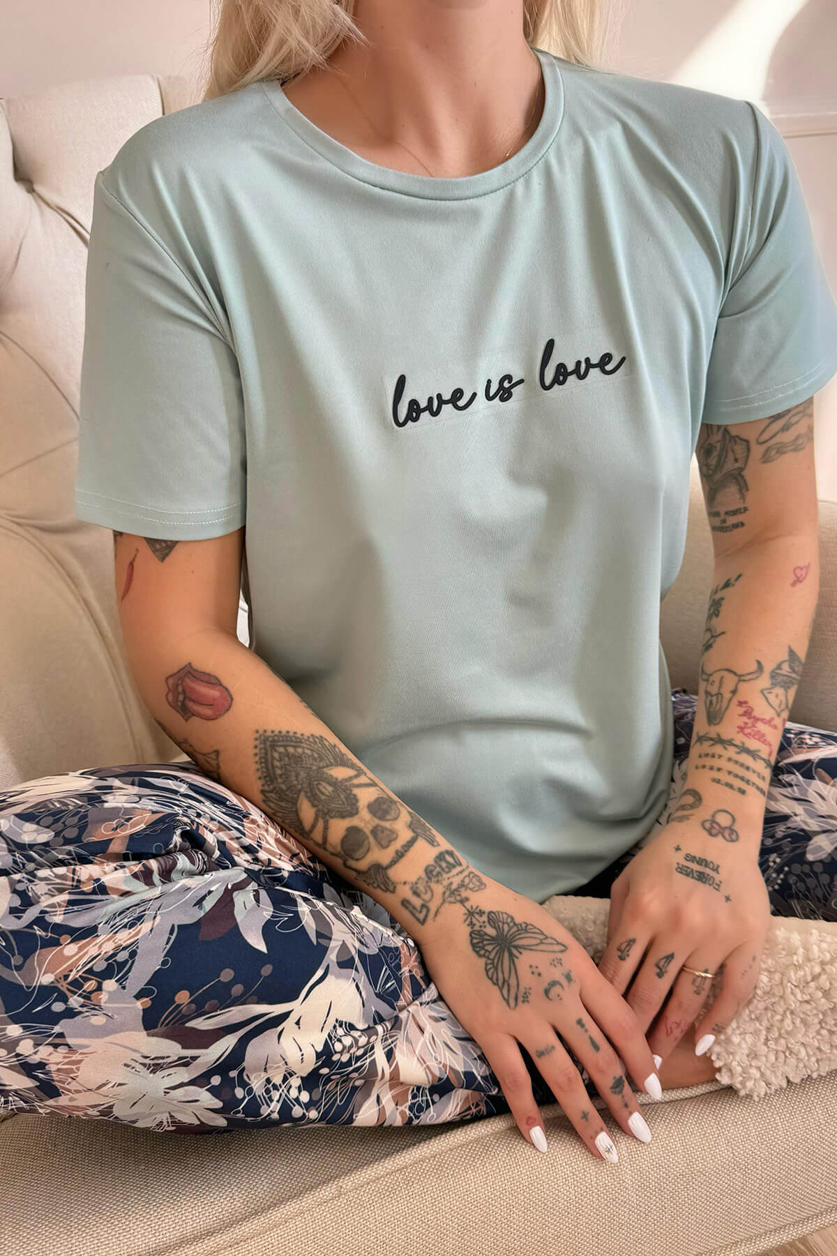 Mint Love is Love Desenli Kısa Kollu Örme Kadın Pijama Takımı - 5