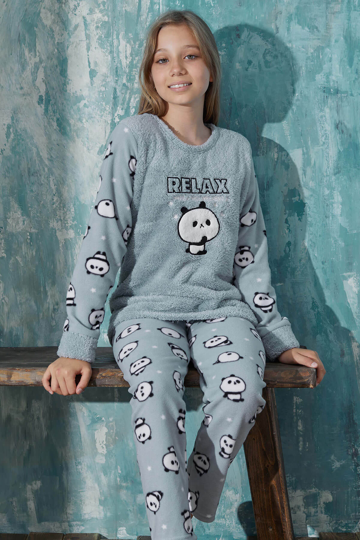 Mint Relax Panda Desenli Kız Çocuk Peluş Pijama Takım - 1