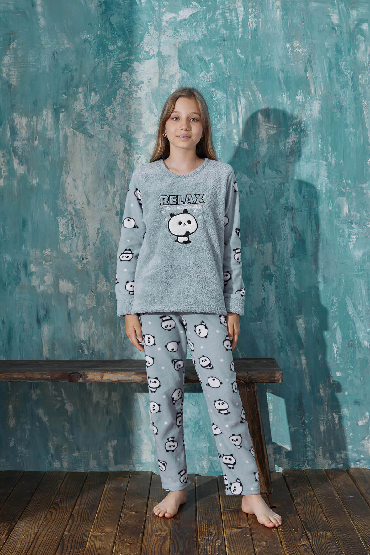 Mint Relax Panda Desenli Kız Çocuk Peluş Pijama Takım - 3