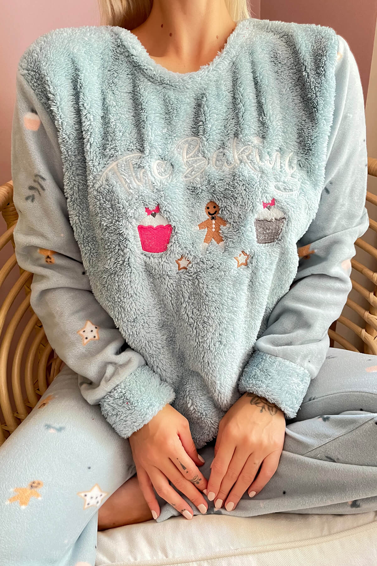 Mint Yeşili Baking Desenli Kadın Peluş Pijama Takımı - 5