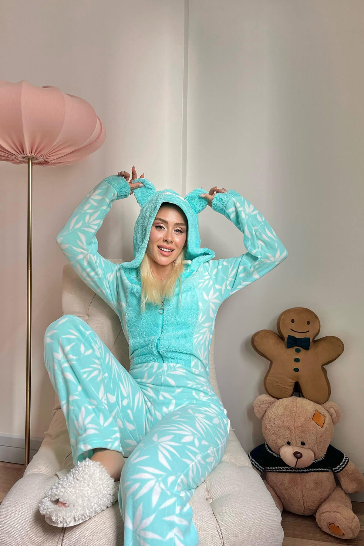 Mint Yeşili Digitate Desenli Kadın Polar Peluş Tulum Pijama - 3