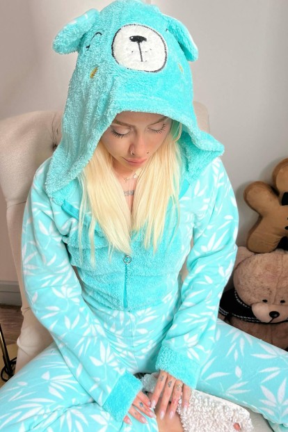 Mint Yeşili Digitate Desenli Kadın Polar Peluş Tulum Pijama - 4