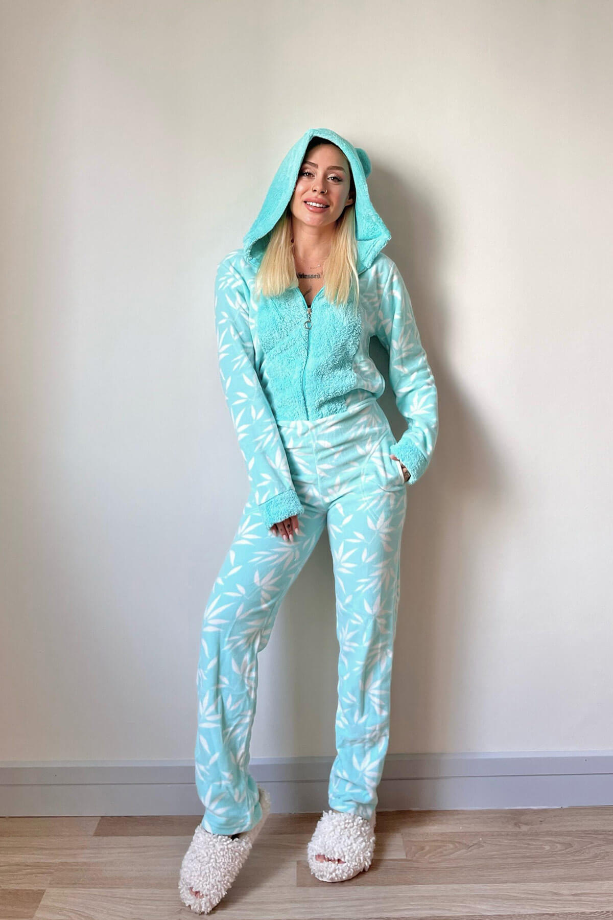 Mint Yeşili Digitate Desenli Kadın Polar Peluş Tulum Pijama - 5