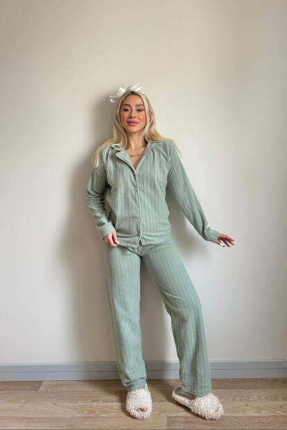 Mint Yeşili Düz Önden Düğmeli Peluş Polar Pijama Takımı - 6