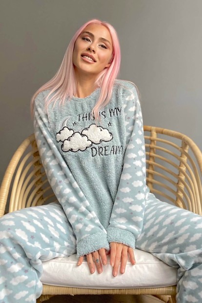 Mint Yeşili Moon Cloud Desenli Kadın Peluş Pijama Takımı - 1