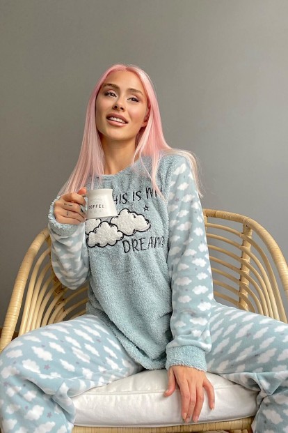 Mint Yeşili Moon Cloud Desenli Kadın Peluş Pijama Takımı - 2