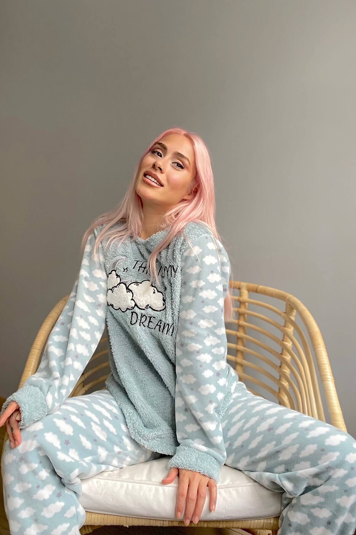 Mint Yeşili Moon Cloud Desenli Kadın Peluş Pijama Takımı - 3