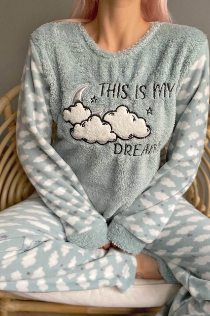 Mint Yeşili Moon Cloud Desenli Kadın Peluş Pijama Takımı - 4