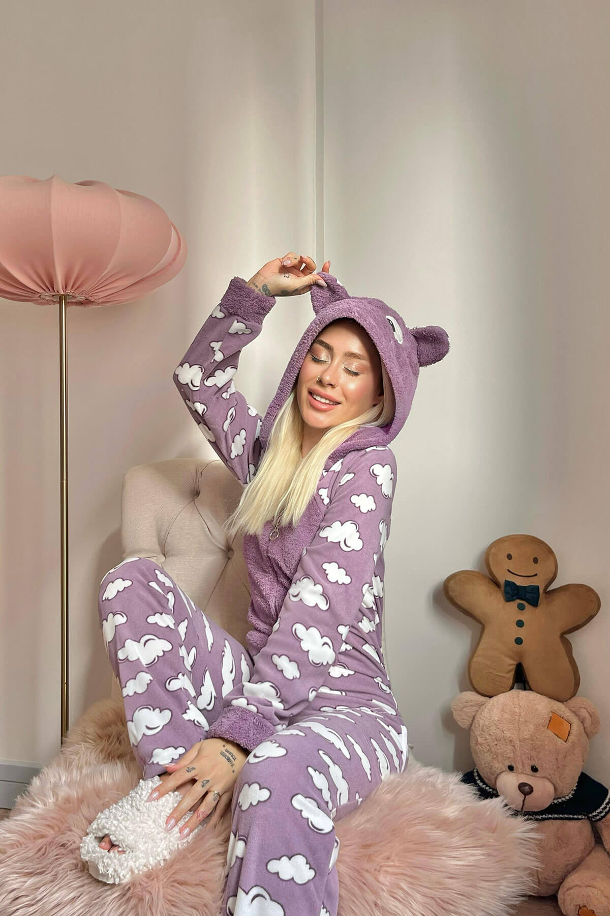 Mor Bulut Desenli Kadın Polar Peluş Tulum Pijama Takımı - 3