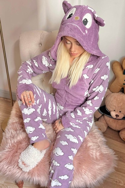 Mor Bulut Desenli Kadın Polar Peluş Tulum Pijama Takımı - 4