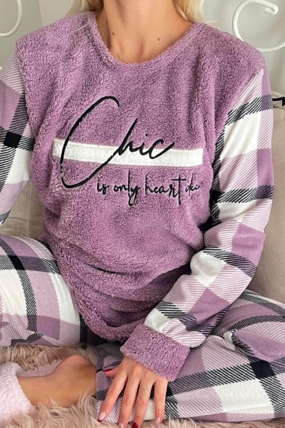 Mor Deep Chic Desenli Kadın Peluş Pijama Takımı - 4