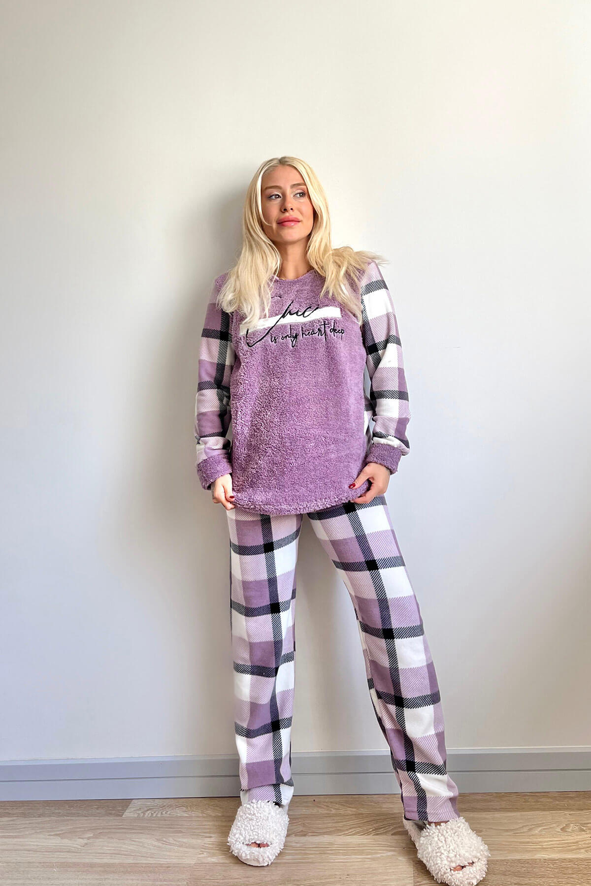 Mor Deep Chic Desenli Kadın Peluş Pijama Takımı - 5