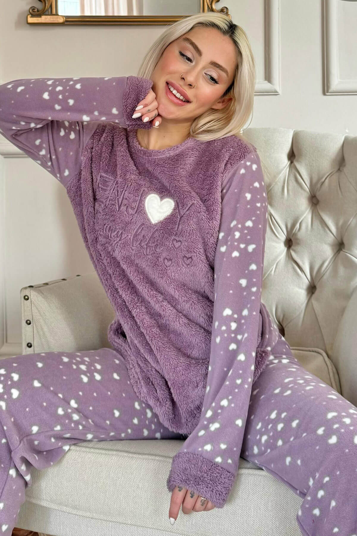 Mor Enjoy Life Desenli Kadın Peluş Pijama Takımı - 1