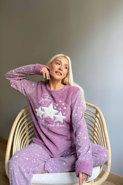 Mor Feel Stars Queen Desenli Kadın Peluş Pijama Takımı - 3