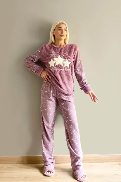 Mor Feel Stars Queen Desenli Kadın Peluş Pijama Takımı - 4