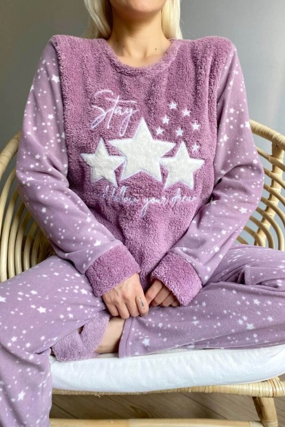 Mor Feel Stars Queen Desenli Kadın Peluş Pijama Takımı - 5