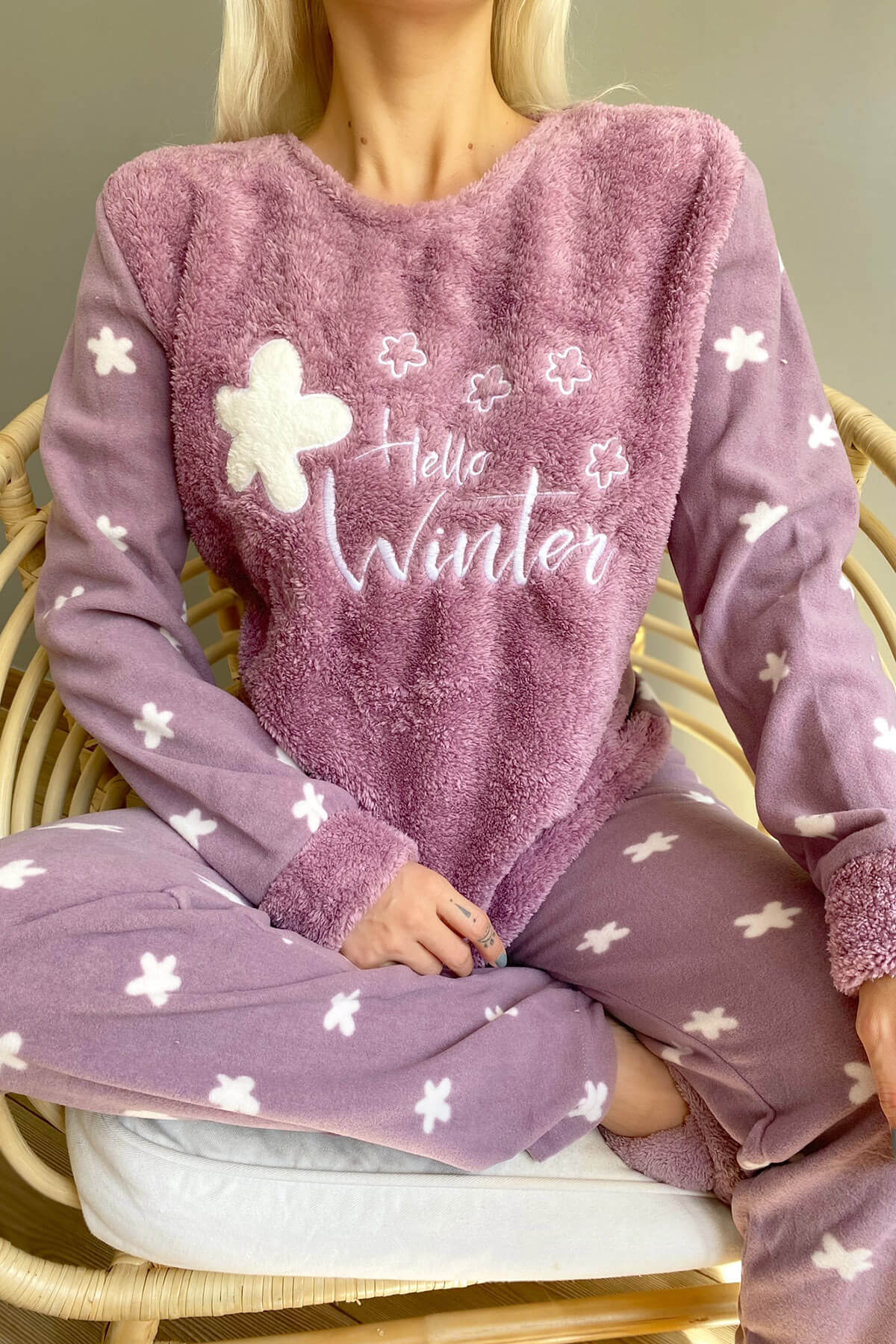 Mor Hello Winter Desenli Kadın Peluş Pijama Takımı - 3