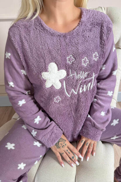 Mor Hello Winter Desenli Kadın Peluş Pijama Takımı - 5