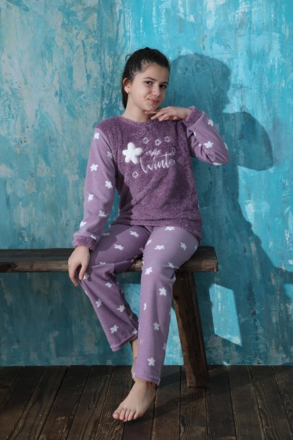 Mor Hello Winter Desenli Kız Çocuk Peluş Pijama Takımı - 2