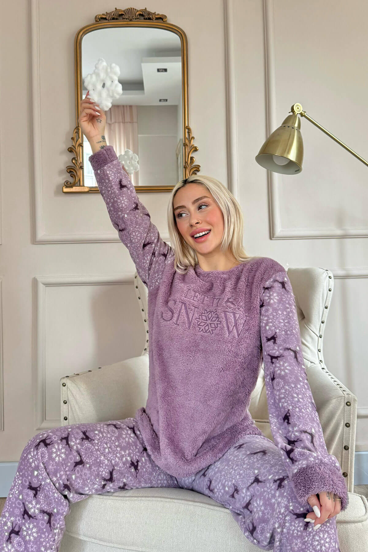 Mor Let it Snow Desenli Kadın Peluş Pijama Takımı - 3