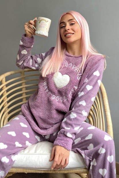 Mor Self Love Desenli Kadın Peluş Pijama Takımı - 1