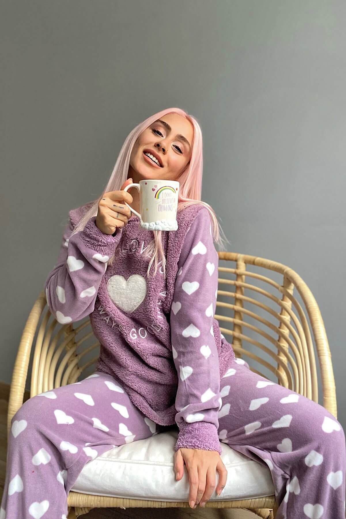 Mor Self Love Desenli Kadın Peluş Pijama Takımı - 2