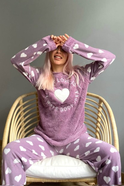 Mor Self Love Desenli Kadın Peluş Pijama Takımı - 3