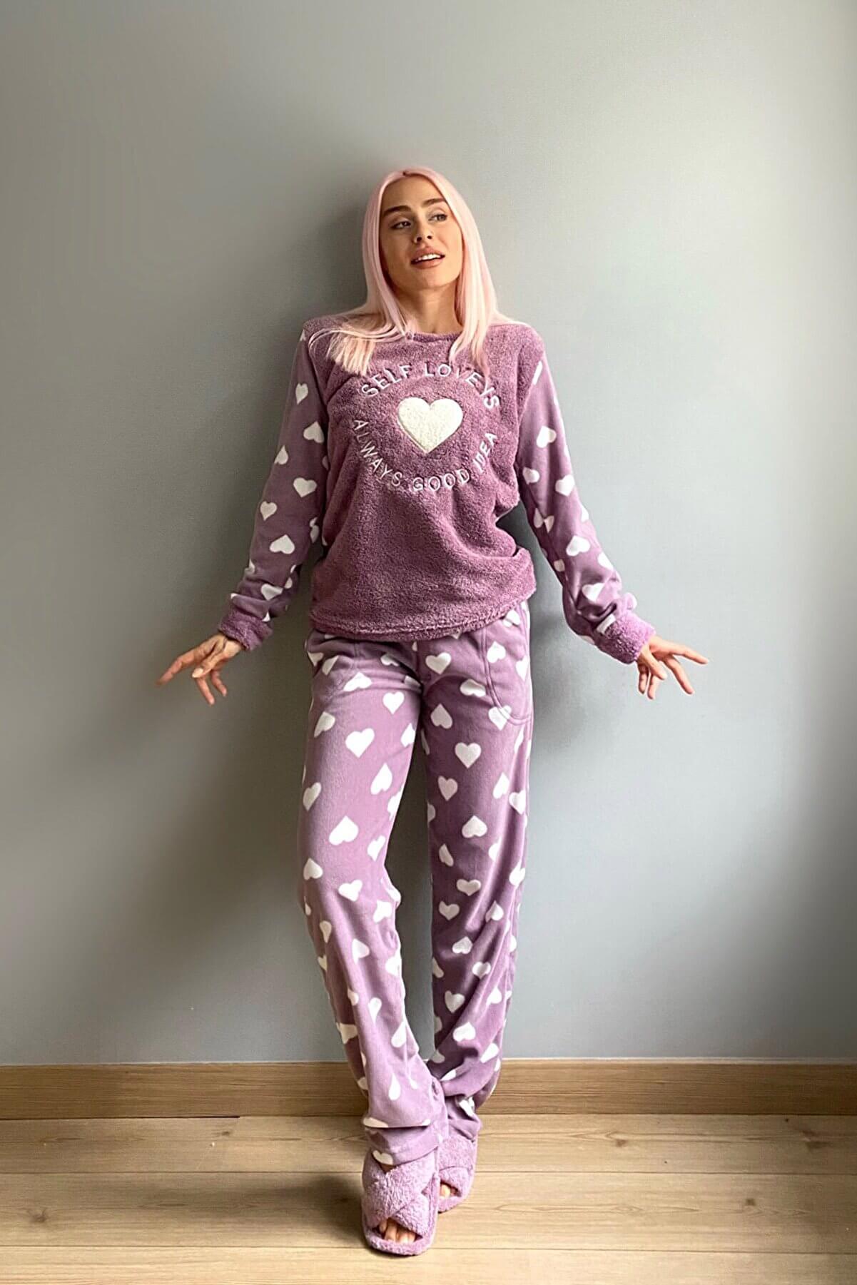 Mor Self Love Desenli Kadın Peluş Pijama Takımı - 4